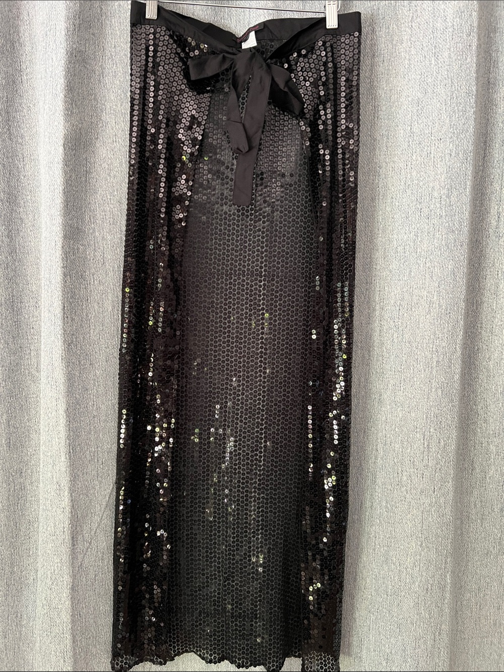 Black Sequin Maxi Skirt with Ribbon Tie